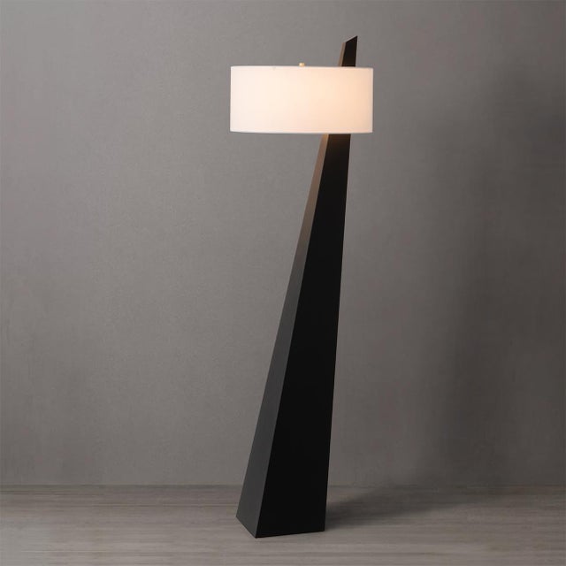 Early 21st Century Obelisk Premium Quality 63" Black Oak Floor Lamp, Black Oak Finish, Satin Nickel, White Cotton-Linen Shade, Energy-Efficient Led Compatible For Sale - Image 5 of 8
