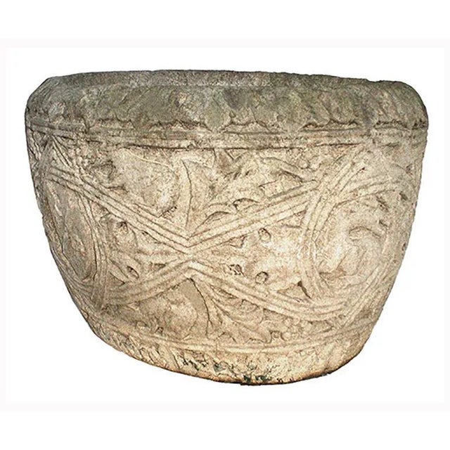 Rare 18th century Italian relief carved Istrian marble planter having acanthus leaf border around top rim. Sides are...