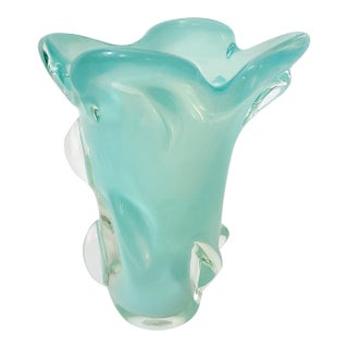 Murano Vase Blue Glass Signed For Sale