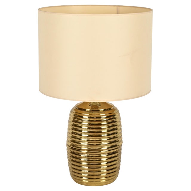 Mid-Century Italian Table Lamp in Brass with Beige Lampshade by Tommaso Barbi, 1970s For Sale - Image 16 of 16
