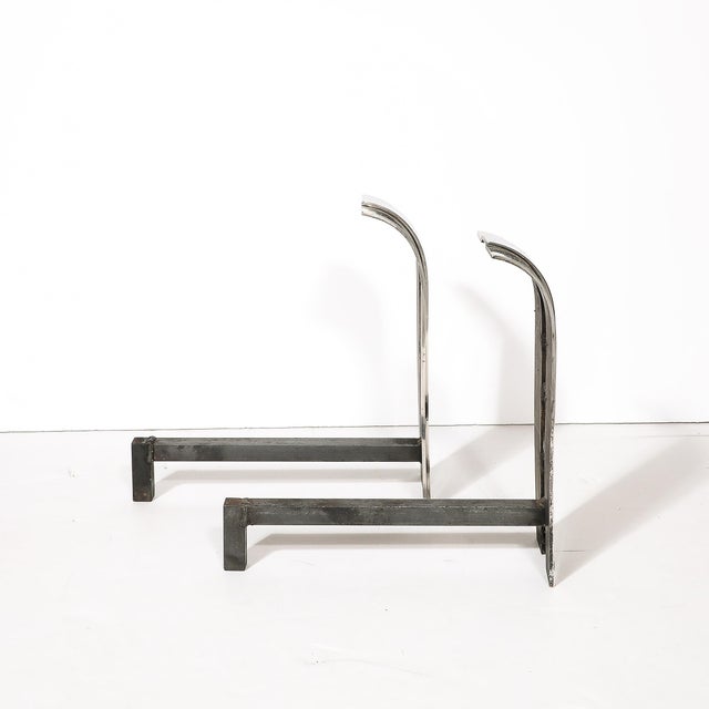 Pair of Mid-Century Curved Top Polished Nickel Andirons by Danny Alessandro For Sale In New York - Image 6 of 7