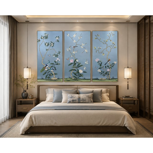 Hand Painted Soft Blue Chinoiserie Magnolia & Bird Mural 3-Panel Set For Sale - Image 6 of 6