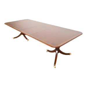 Drexel Heritage Georgian Banded Mahogany Double Pedestal Extension Dining Table, Newly Refinished