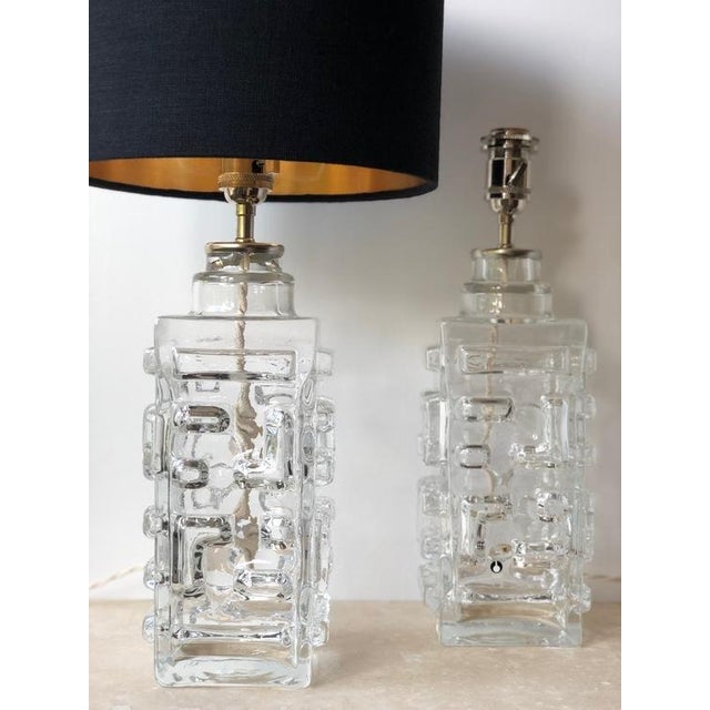Set of 2 Swedish Modernist Ice Glass Table Lamps by Pukeberg Glass Company. 1960s. Mid-Century Modern Lamps with in Clear...