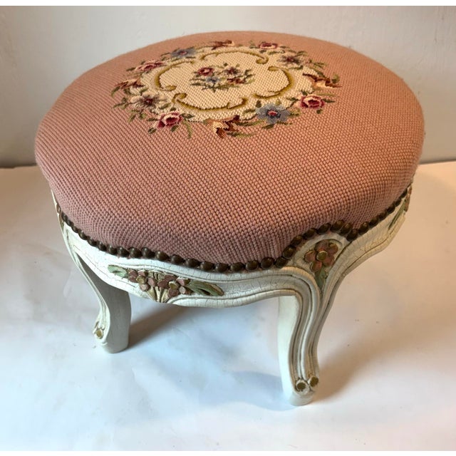 Lovely French provential pink needlepoint footstool with carved details I have the matching vanity bench in another...