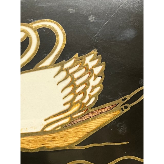Metal Large Vintage Couroc Inlayed Brass and Stone Tray Swan Boats of Boston for Shreve Crump and Low For Sale - Image 7 of 10