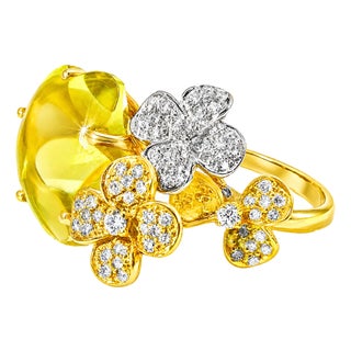 Late 20th Century 18K Tri Color Gold Diamond Cabochon Lemon Quartz Floral Ring, Size 7.25 For Sale