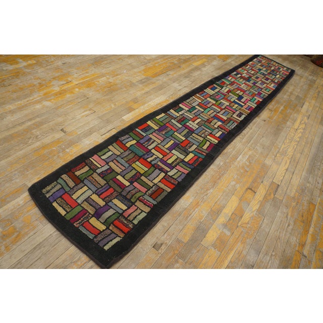 American 1920s Multicolor Basket Weave Antique American Hooked Rug 2' 2" X 11' 8" Cotton Wool Carpet For Sale - Image 3 of 18