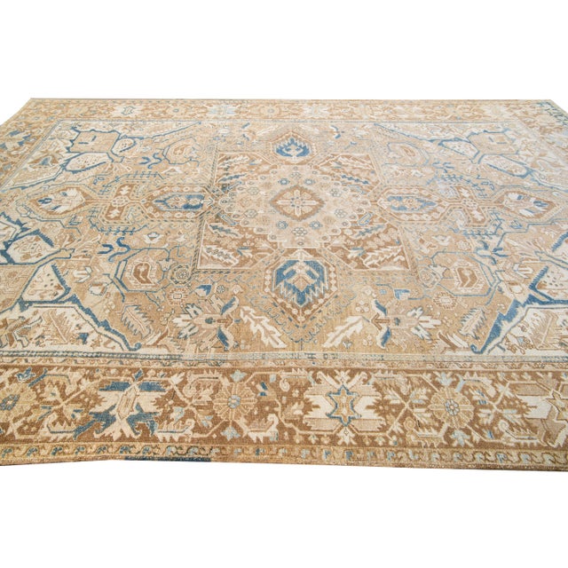 Antique Persian Heriz Handmade Medallion Tan and Blue Wool Rug For Sale In New York - Image 6 of 11