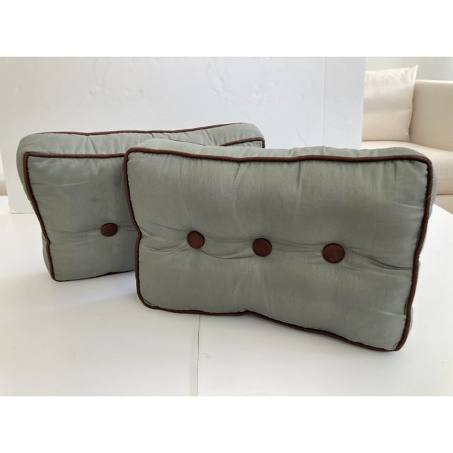 Modern Modern Sage Green Rectangular Box Pillows With Buttons - A Pair For Sale - Image 3 of 7