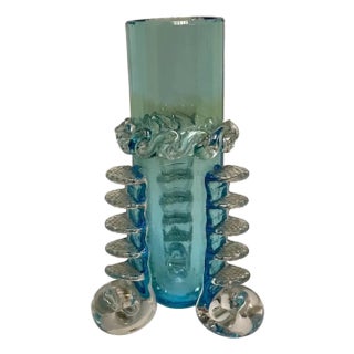 Antique Moser Blue Crystal Bud Vase: Applied Rigaree Art Glass For Sale