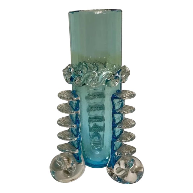 Antique Moser Blue Crystal Bud Vase: Applied Rigaree Art Glass For Sale