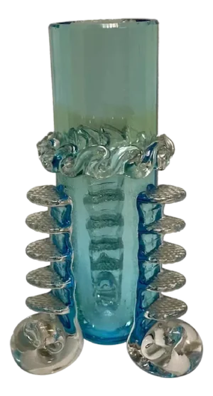 Antique Moser Blue Crystal Bud Vase: Applied Rigaree Art Glass