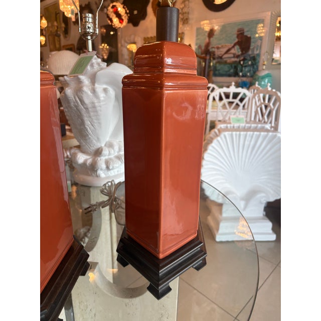 Metal Vintage Pair of Orange Chinoiserie Ceramic Table Lamps Newly Wired For Sale - Image 7 of 12