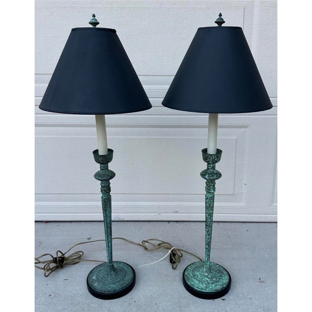 Pair of Vintage Frederick Cooper Verdigris Candlestick Buffet Table Lamps For Sale - Image 12 of 18