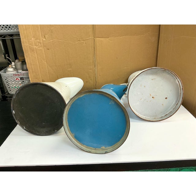 Blue 19th-C. Victorian French Blue & White Enamel Tole Body Pitchers / Vases - S/3 For Sale - Image 8 of 8