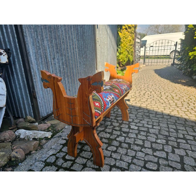 Folk Style Wooden Bench with Carved Dogs, 1960s For Sale - Image 3 of 9