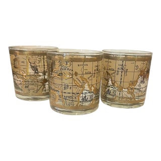 1960s Cera “Old World Map” Double Old Fashioned Set of 3 For Sale