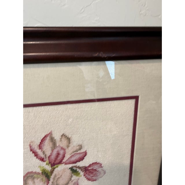 Vintage Framed Cross Stitch Magnolia Open Flower Botanical Art 23"x23" Professionally Framed Needlepoint Embroidery For Sale - Image 4 of 12