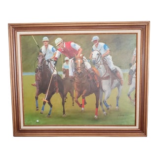 Late 20th Century Vintage Signed Horses Playing Polo Painting on Canvas, Framed For Sale