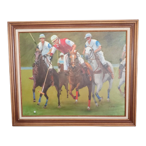 Late 20th Century Vintage Signed Horses Playing Polo Painting on Canvas, Framed