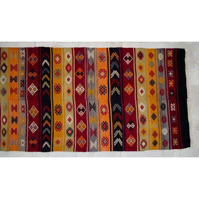 Burnt Orange Vintage Turkish Kilim Runner Handwoven Wool Runner Tribal Long Hallway Rug 3x12 Ft Approx For Sale - Image 8 of 10