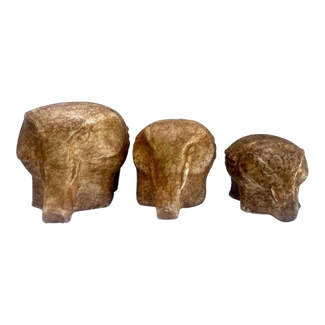 Vintage Set of Three Marbled Ceramic Elephant Boho Chic Sculptures For Sale