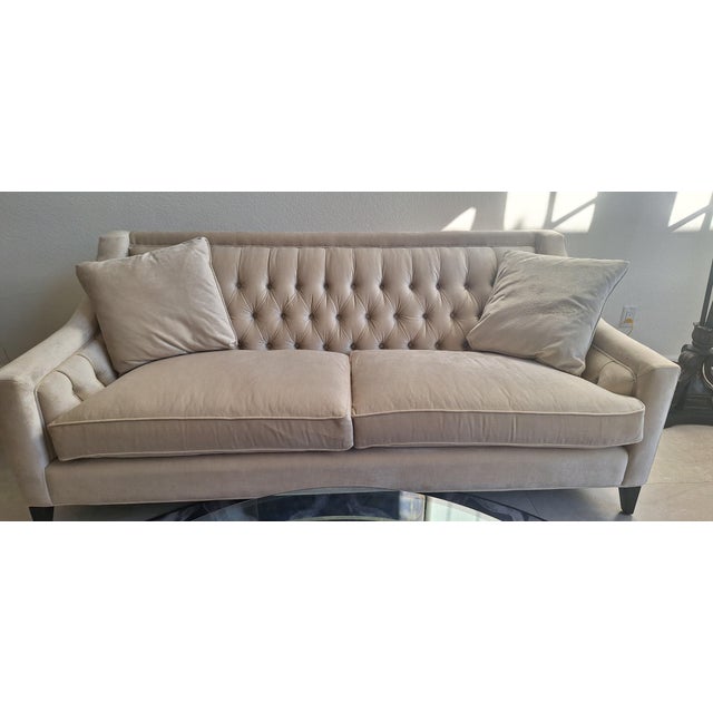 Wood Contemporary Brushed Fabric Cream Colored Sofa For Sale - Image 7 of 8