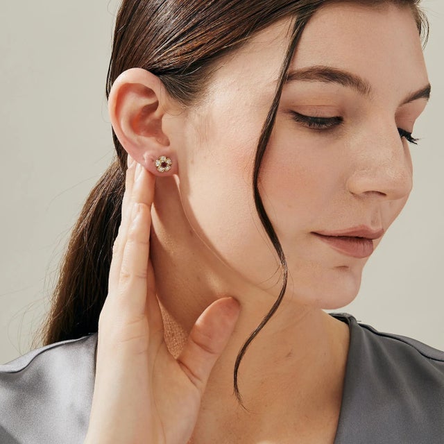 Contemporary Syna Yellow Gold Ruby Flower Studs with Diamonds, a Pair For Sale - Image 3 of 5