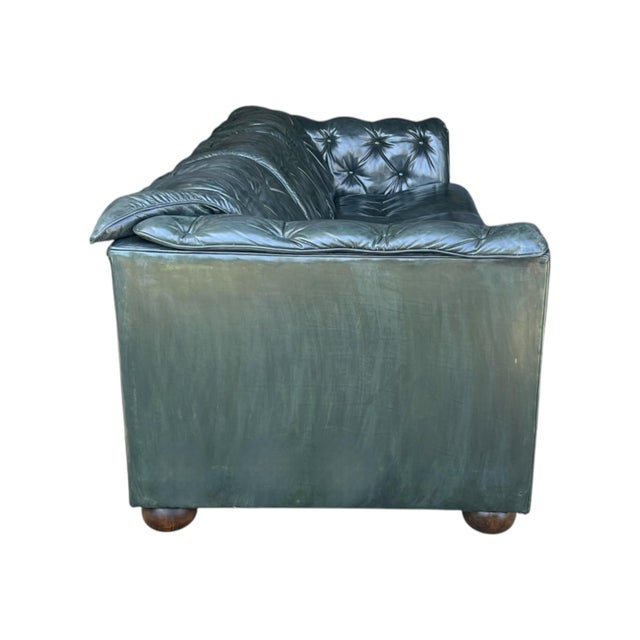 Vintage Dark Green Leather English Club Sofa With Tufted Back & Rich Patina For Sale In Los Angeles - Image 6 of 10