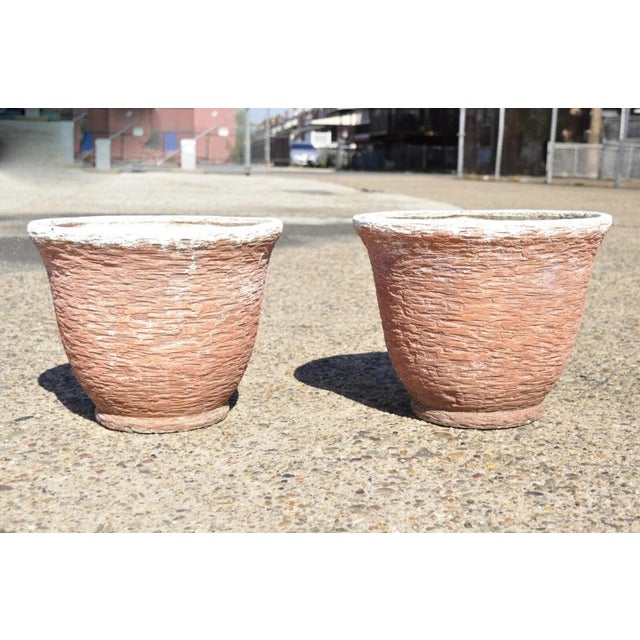Pair of Vintage Red Distress Painted Fiberglass Round Garden Planter Pots Faux Stone. Item features faux terracotta stone...