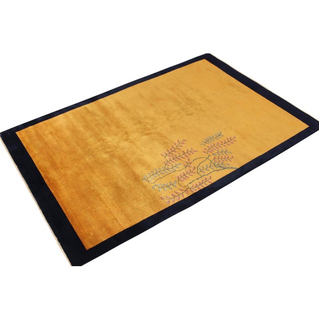 Art Deco Vintage Chinese Deco Style Rug in Gold, Blue Border, Pink-Red Floral Patterns For Sale - Image 3 of 5