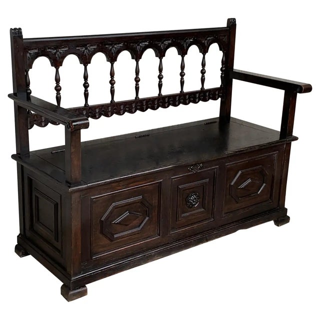 19th Spanish Carved Hall Bench With Storage For Sale - Image 13 of 13