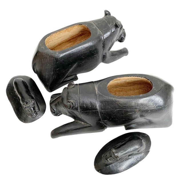 African Folk Art Figurines - Black Carved Wood Lidded Hippos For Sale In New York - Image 6 of 7