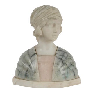 Early 20th Century Art Nouveau Alabaster Bust of a Young Woman in White, Gray, and Pink Tones Signed Gustave Van Vaerenbergh For Sale
