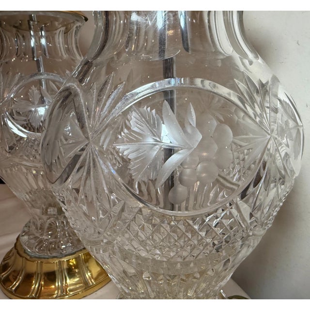 Metal 1990s Large Pair of Quality Vintage Brass Cut Crystal Electric Table Parlor Lamps For Sale - Image 7 of 11