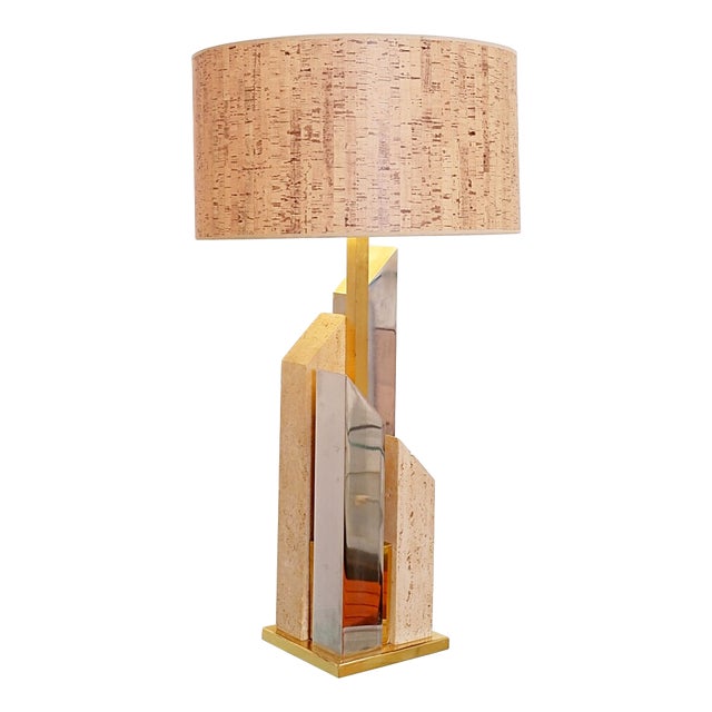 Tall Skyscaper Table Lamp in Travertine, Chrome and Brass by Sciolari, 1970s For Sale