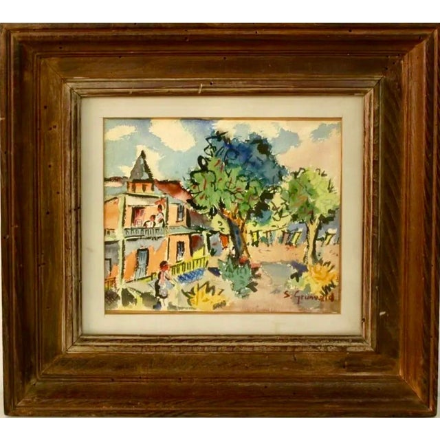 Samuel Grunvald, 1940's Americana WPA Modernist Watercolor Painting Catskill Mountains Bungalow, c.1940s For Sale