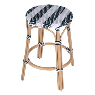 Tobias 24 in. Seat Height Round Rattan Backless Counter Stool, White/Navy Stripe/ Natural Rattan Frame For Sale