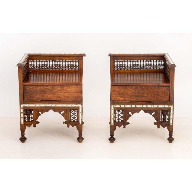 Wood Pair of Syrian Bone Inlay Walnut Corner Chairs For Sale - Image 7 of 8