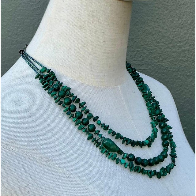 Metal Vintage Boho Malachite Three-Stranded Necklace For Sale - Image 7 of 12