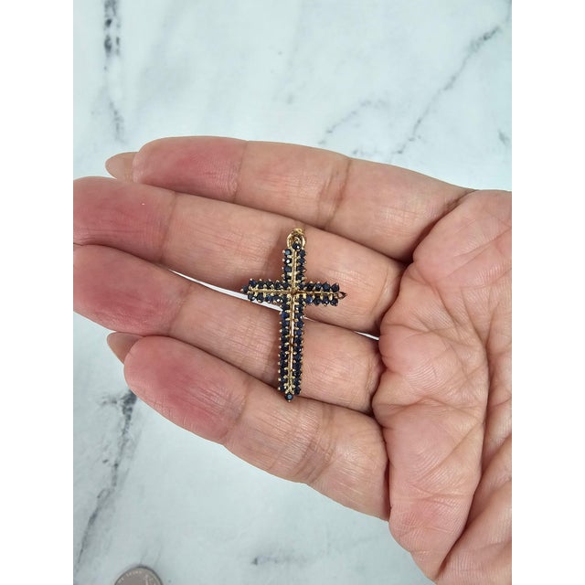 Contemporary Natural Sapphire Yellow Gold Cross 16" For Sale - Image 3 of 4