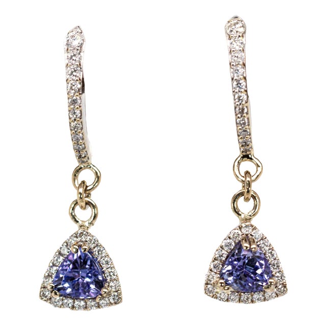 Fine Trillion Tanzanite Earrings With Natural Diamonds in 14k White Gold- Set of 2 For Sale