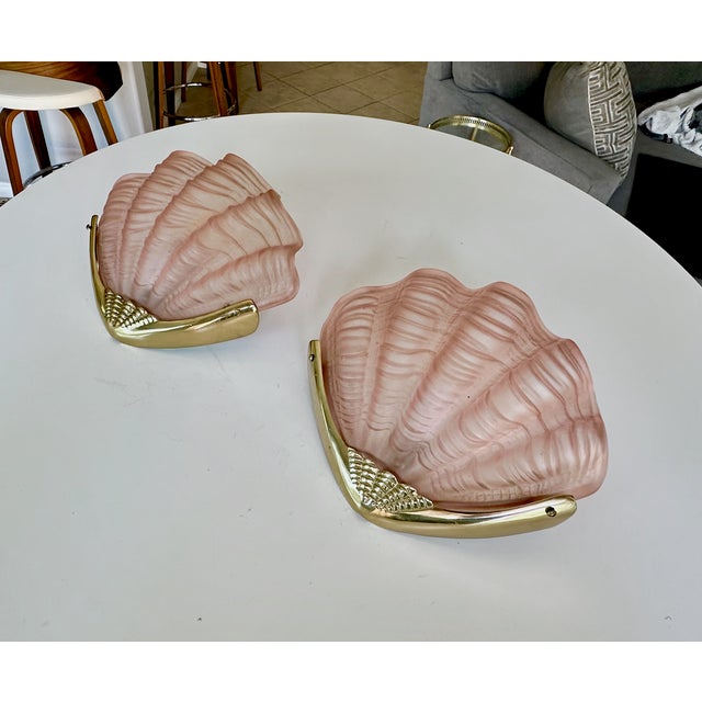 Pair Art Deco Shell Clam Shaped Pink Glass Brass Wall Sconce For Sale - Image 4 of 18