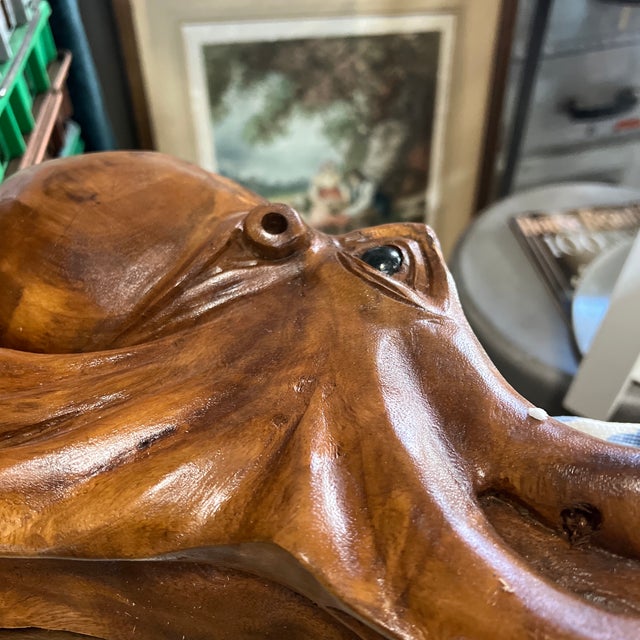 1970s Medium Size Intricate Octopus Hand Carved Wooden Mirror For Sale - Image 10 of 12