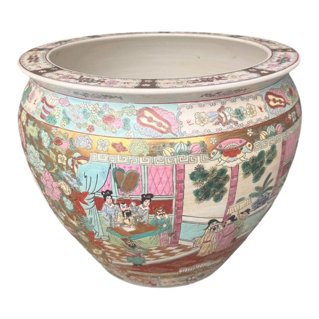 20th Century Chinese Famille Rose Porcelain Fishbowl Planter With Figural Scenes For Sale
