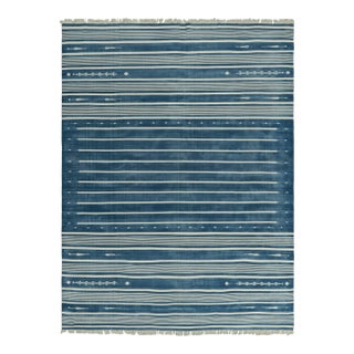 Rug & Kilim's Contemporary Dhurrie Rug in Blue and Off-White Stripes - 12x16 For Sale