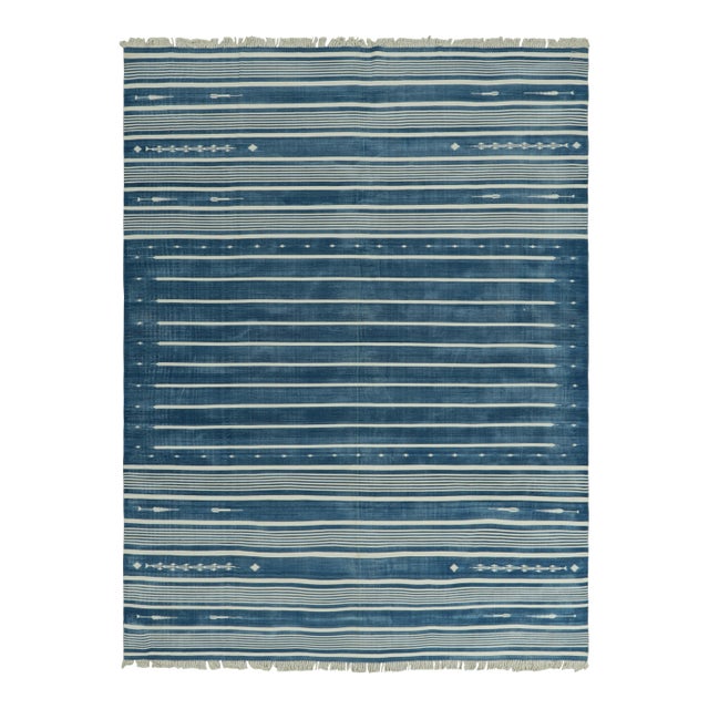 Rug & Kilim's Contemporary Dhurrie Rug in Blue and Off-White Stripes - 12x16 For Sale
