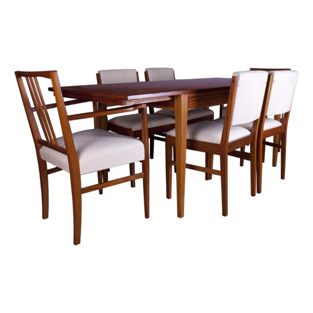 British Tulip Wood Dining Table with Chairs by Gordon Russell, Set of 7 For Sale