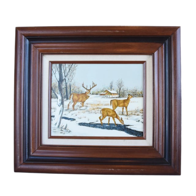Artist Signed Stag and Doe Deer's in Snowy Landscape Painting W/ Frame For Sale - Image 9 of 9